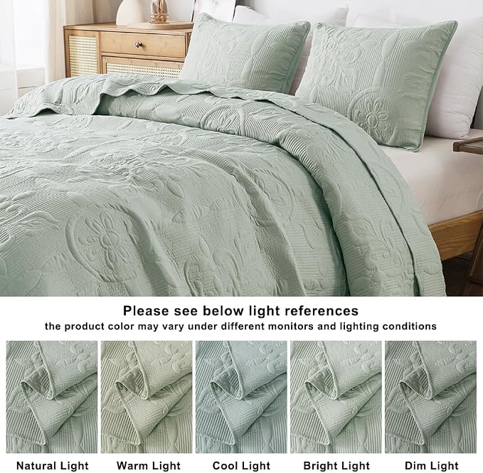 Sage Green Damask Quilt California Cal King Size Bedding Sets - Image 8