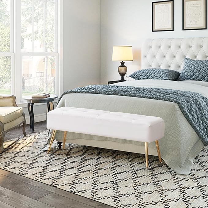 Furnimart Upholstered Tufted White Bench Ottoman - Image 4