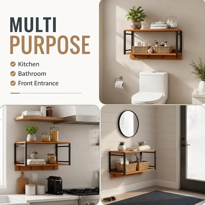Wall Mounted Nightstand with Storage Shelf, Floating Bedside Table with Hooks - Image 3