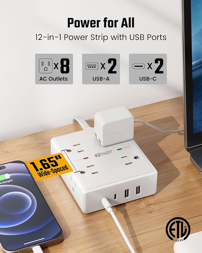 SUPERDANNY Extension Cord, Flat Plug Surge Protector Power Strip, 20Ft | 8 AC & - Image 3
