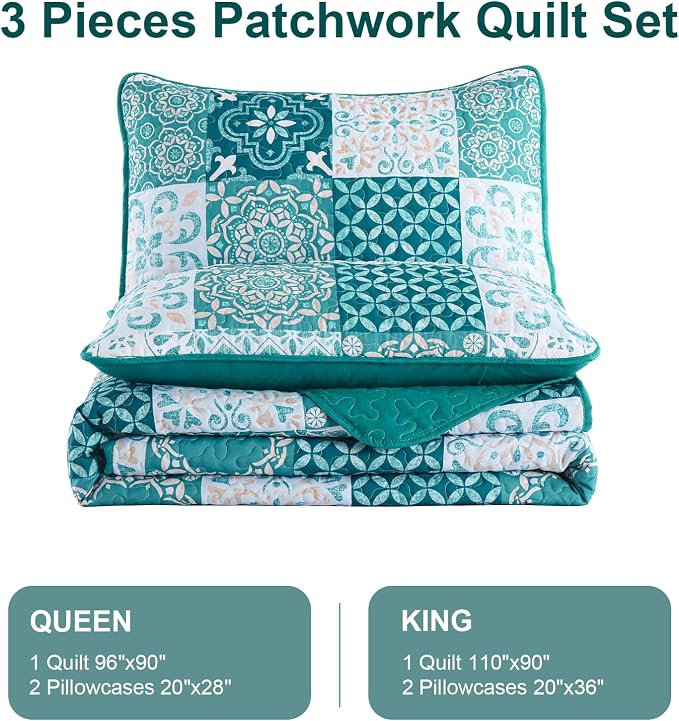 Teal Boho Quilt Set Queen Size, Plaid Patchwork Bedspreads Coverlet Set | 3Pcs - Image 7