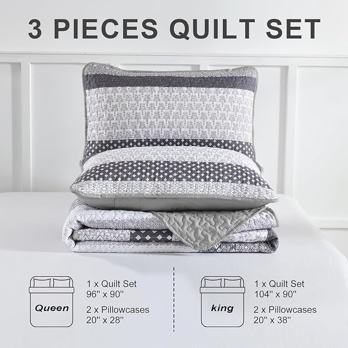 WONGS BEDDING Grey Full Size Quilt Set, Bohemian Striped Bedspreads | - Image 8