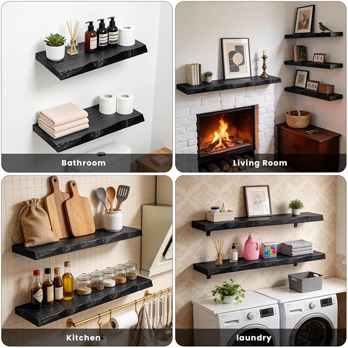 Black Live Edge Floating Shelf, 72-Inch Solid Elm Wood | Easy Installation - Image 7