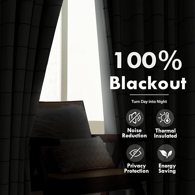 DriftAway 100% Blackout Plaid Linen Curtains 108 Inches Long 2 Panels Black | - Image 6