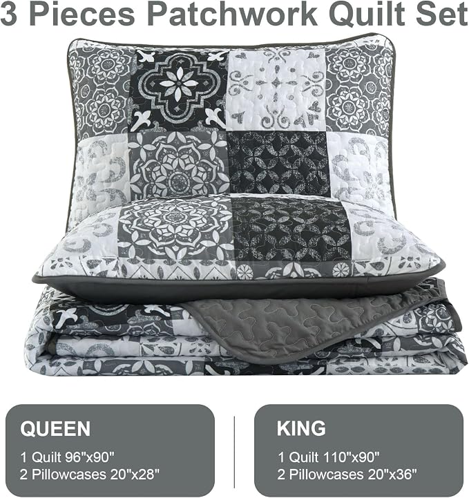 Dobuyly Quilt Set King Size, Boho Plaid Patchwork Bedspreads, Lightweight Soft - Image 7