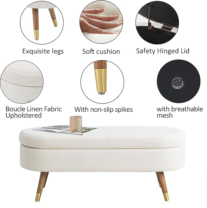IAFIKE Oval Storage Bench 43.5" Ottoman Bench Upholstered Boucle Fabric - Image 4