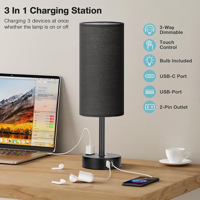 Black Bedside Lamp for Bedroom, Dimmable Touch, USB A+C, AC Outlet | 3-Way - Image 3