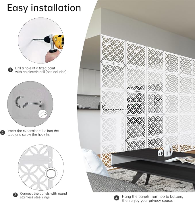 12PCS Hanging Room Divider Wall Screen Panel Room Divider Panels -White02 | - Image 7