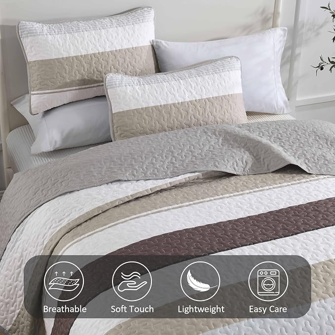Dinjoy Queen Size Boho Stripe Quilt Set, Breathable All-Season, 3-Piece Set - Image 7