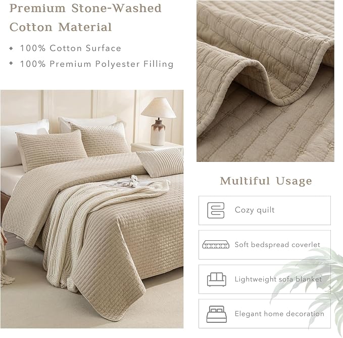 CozyTide Oversized King Quilt 120x120, Stone-Washed Cotton Wheat Oversized King - Image 4