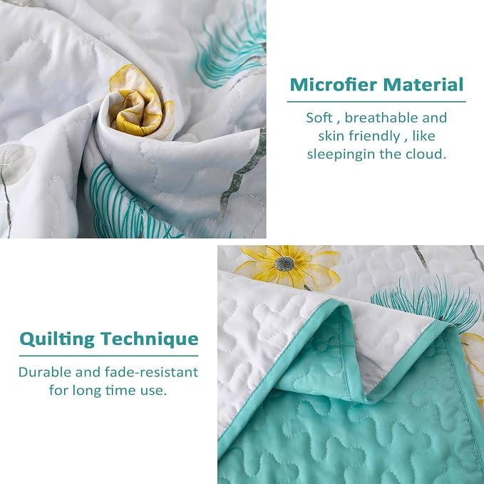 Dinjoy Aqua Quilt Set King, 3 Pieces Boho Floral Bedspreads, Fall Bedding | - Image 4