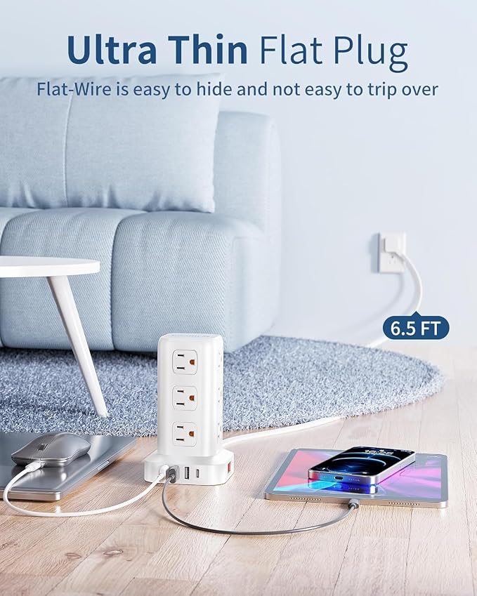 Extension Cord with Multiple Outlets, SMALLRT Flat Plug Power Strip Tower - Image 3