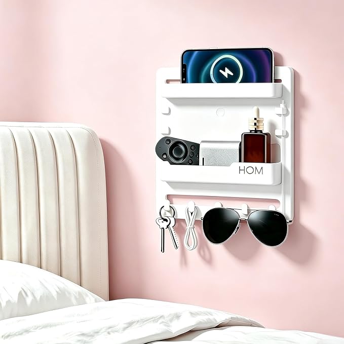 Plastic Bedside Shelf Adhesive Wall Mount Organizer, Cable Clips, Key Remote by Unknown