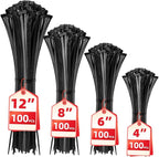 Cable Zip Ties, 400 Pack Black Assorted Sizes 12+8+6+4 Inch, Plastic Wire Ties by HAVEMETD