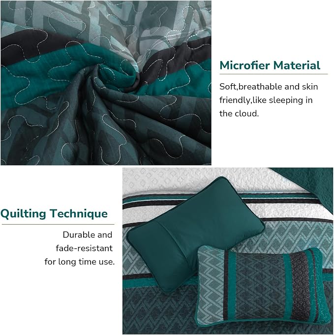 Dinjoy Quilts King Size, Striped Bedspread Bedding Sets, Dark Green | 3 Pieces - Image 5