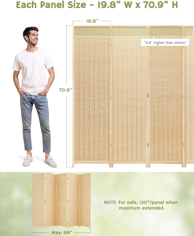 Bamboo Room Divider, 5-Panel Folding Privacy Screen, 6 ft. Tall | 70.9" H x 99" - Image 4
