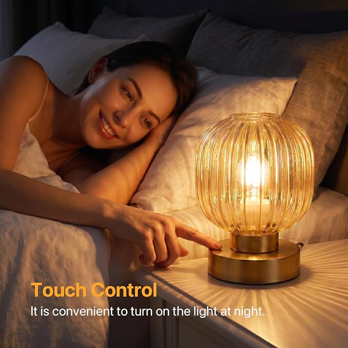 Elenhome Amber Touch Glass Table Lamp, 3-Way Dimmable Bedside Lamp, Vintage - Image 2