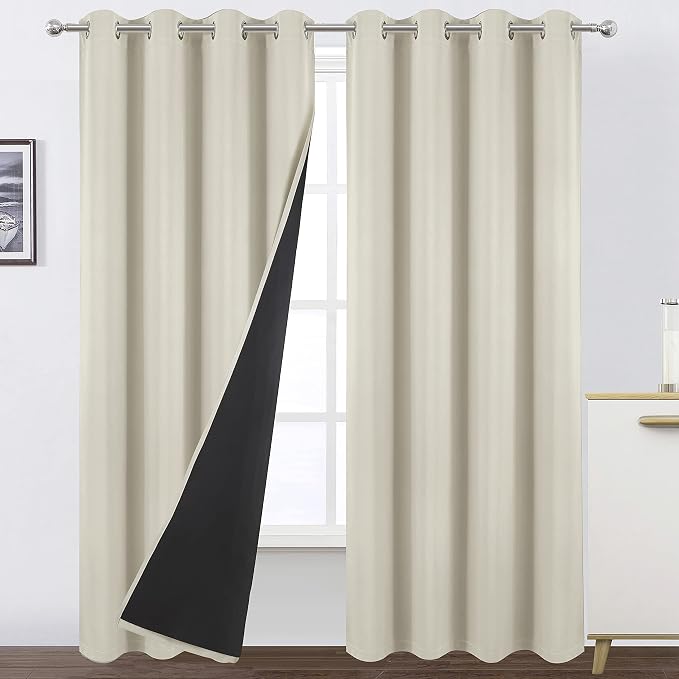 100% Blackout Curtains with Black Liner/Light Beige Curtains 52 x 84 Inch/Set by Lemomo