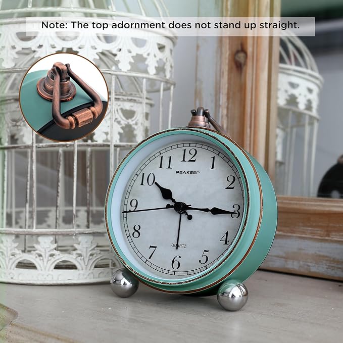 Peakeep 4" Small Battery Operated Analog Alarm Clock, Antique Retro Style | - Image 2