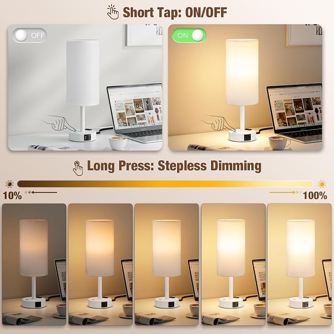 White Touch Bedside Lamp for Bedroom, Stepless Dimmable, USB A+C, AC Outlet | - Image 3