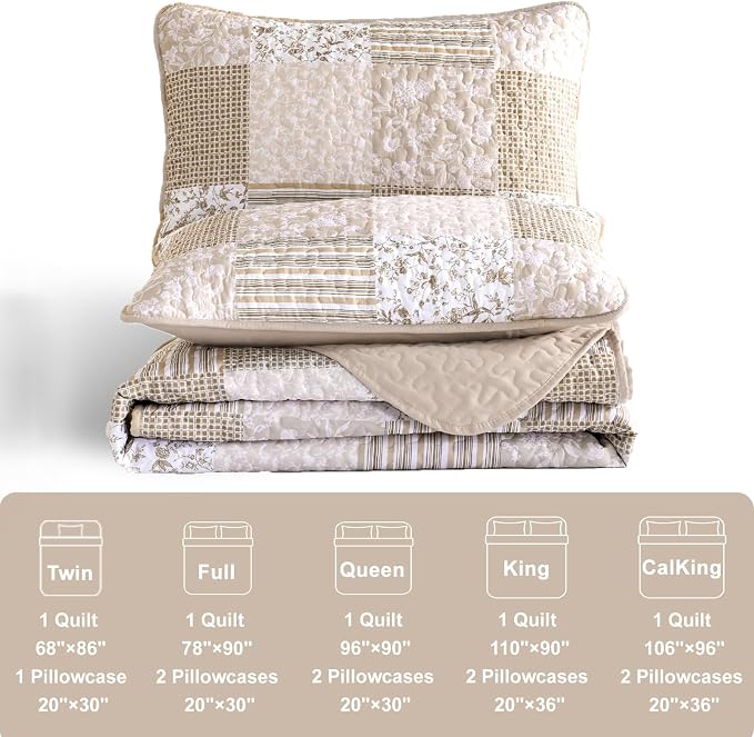Mybedsoul Beige Boho Quilt Set Full Size, 3 Pieces Plaid Floral Bedspread Set - Image 5