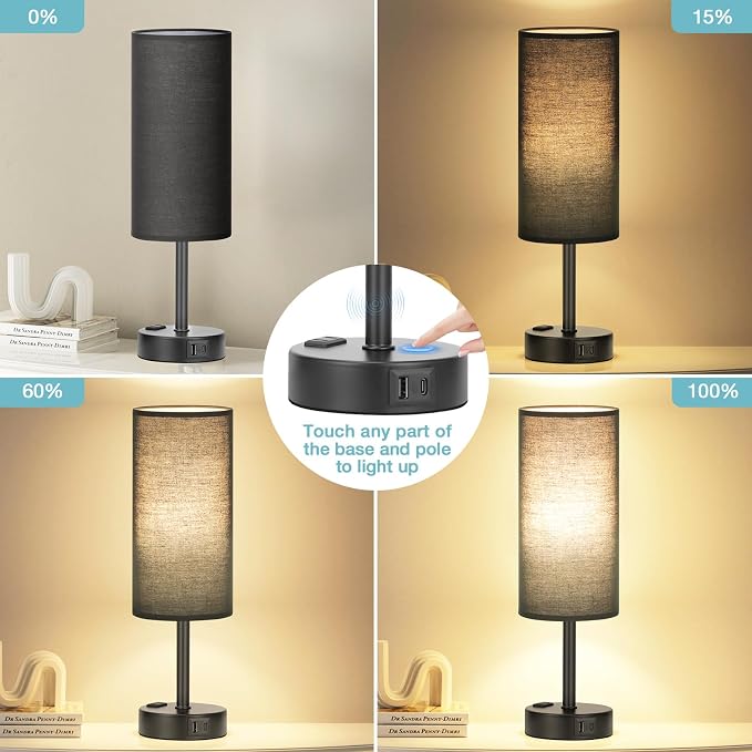 Black Bedside Lamp for Bedroom, Dimmable Touch, USB A+C, AC Outlet | 3-Way - Image 2