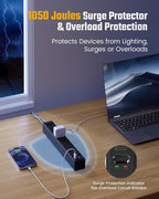 10Ft Long Extension Cord, SUPERDANNY Flat Plug Surge Protector Power Strip | - Image 6