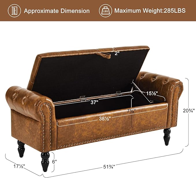 Storage Ottoman Bench, Leather Benches End of Bed Bench - Image 3