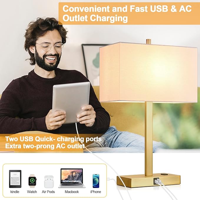 21" Touch Bedside lamps with 2 USB & AC Outlets, 3-Way Dimmable Bedside Table - Image 7