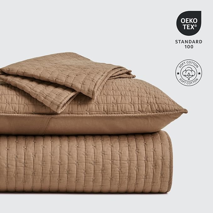 100% Cotton Cross Stitch 3-Piece Quilt Set, Camel Brown | 100% Cotton, Elegant - Image 6