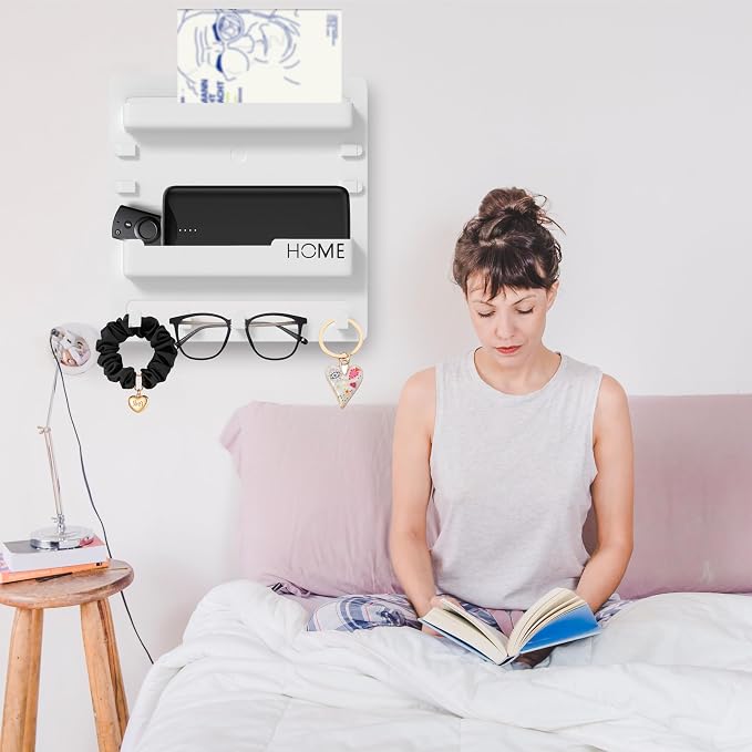 Plastic Bedside Shelf Adhesive Wall Mount Organizer, Cable Clips, Key Remote - Image 6