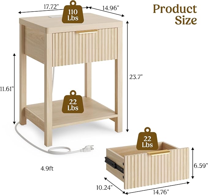 Night Stand Set 1, Fluted Wood Bedside Table w/Socket Station - Image 3