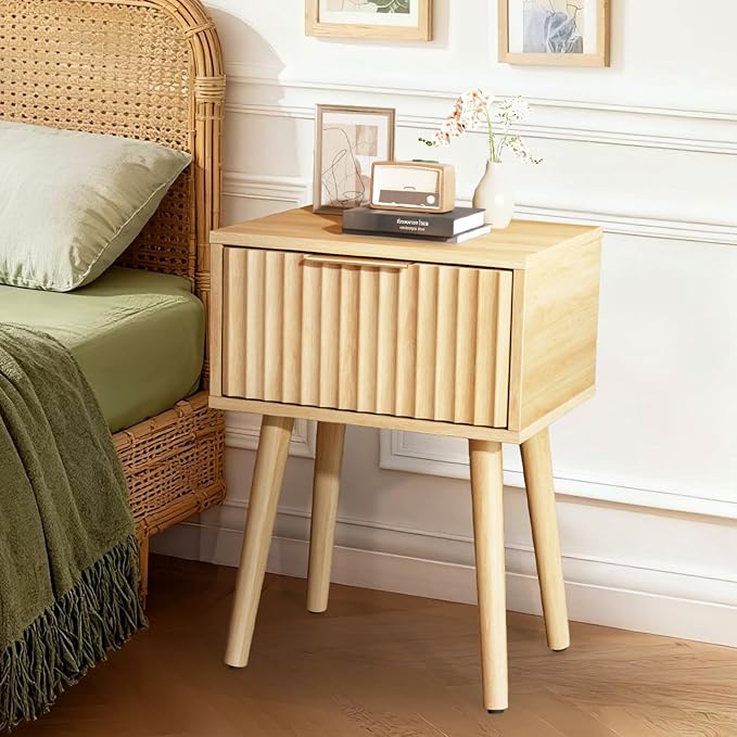 VINGLI Night Stand, Fluted Nightstand Wood, Mid Century Modern Nightstand by VINGLI