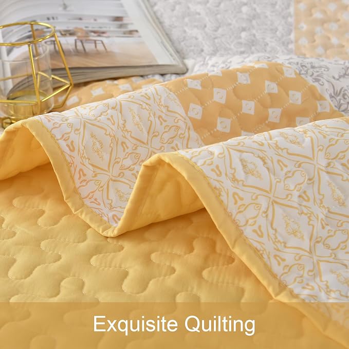 WONGS BEDDING Yellow King Size Quilt Set, Boho Striped Patchwork Bedspread | 3 - Image 7