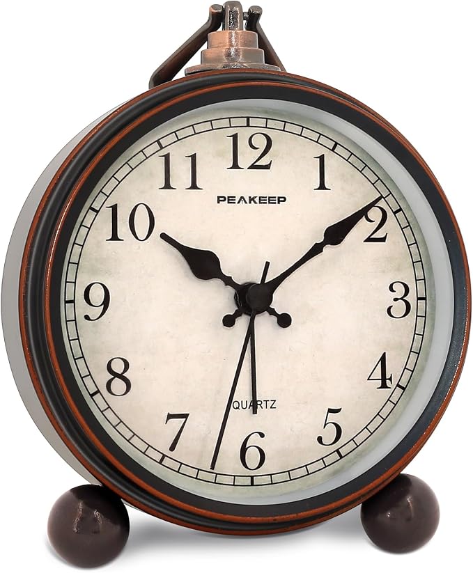Peakeep 4" Small Battery Operated Analog Alarm Clock, Antique Retro Style | by PEAKEEP