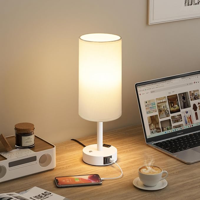 White Touch Bedside Lamp for Bedroom, Stepless Dimmable, USB A+C, AC Outlet | - Image 8
