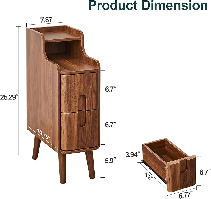 FurSch Narrow Nightstand, Wooden 2 Drawer - Image 2