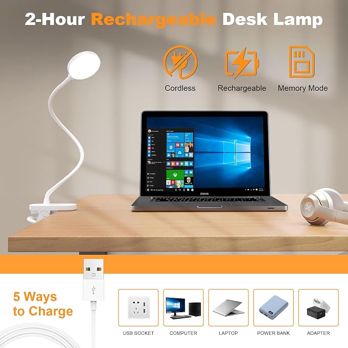 Cordless Reading Lamp with Clamp, 3.5'' Rechargeable LED Clip Light - Image 4