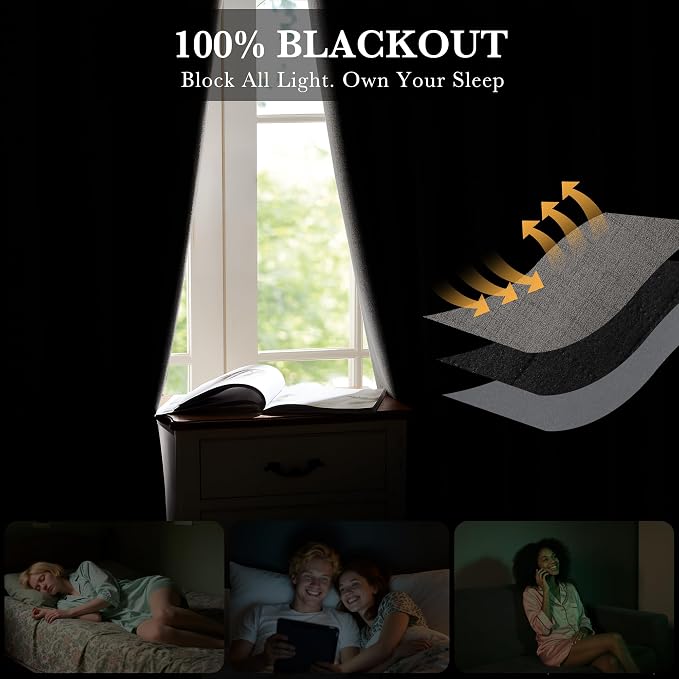 RYB HOME Grey 100% Blackout Linen Curtains 72 Inch Long - Image 3