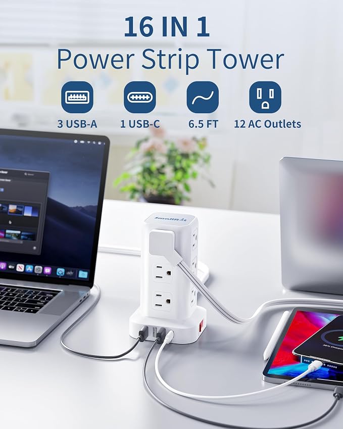 Extension Cord with Multiple Outlets, SMALLRT Flat Plug Power Strip Tower with - Image 2