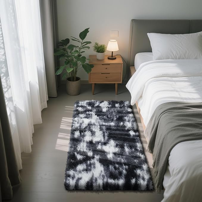 Mottled Black 2x6 Area Rug for Bedroom, Fluffy Rug Small Rug Bedside Carpet | by Yongyangjuxi