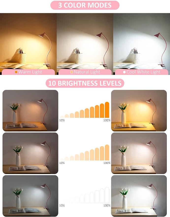 LiFMIRA Pink Small Desk Lamp Clip on LED Reading Light - Image 2