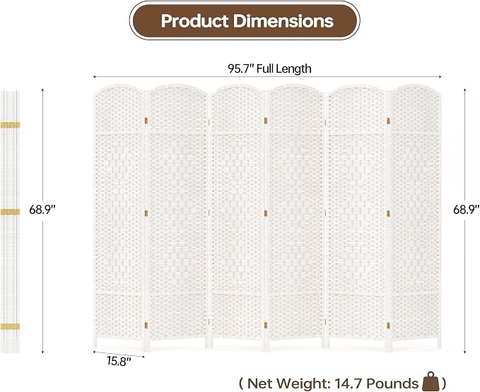 6 Panel Room Divider, 6 FT Wide Folding Screen Room Divider, Off White | Double - Image 8