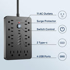 JouleLoom 15 FT Flat Plug Surge Protector Power Strip, 11 Multiple AC Outlets - Image 4