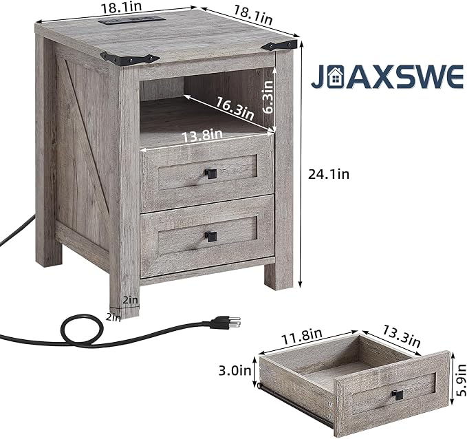 Joaxswe Nightstand with Charging Station and 2 Drawers, Farmhouse | Light Drey - Image 2