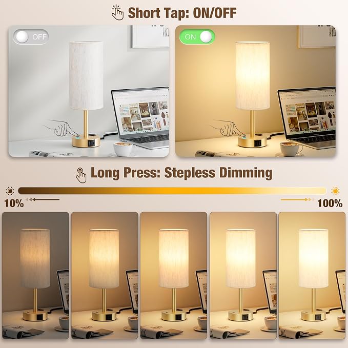 Gold Touch Bedside Lamp for Bedroom, Stepless Dimmable, USB A+C, AC Outlet | - Image 2