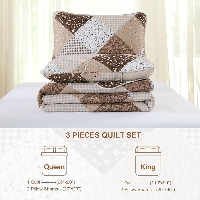 Dinjoy Brown Quilt Set Full Size, Reversible Patchwork Floral Bedspreads | Soft - Image 6