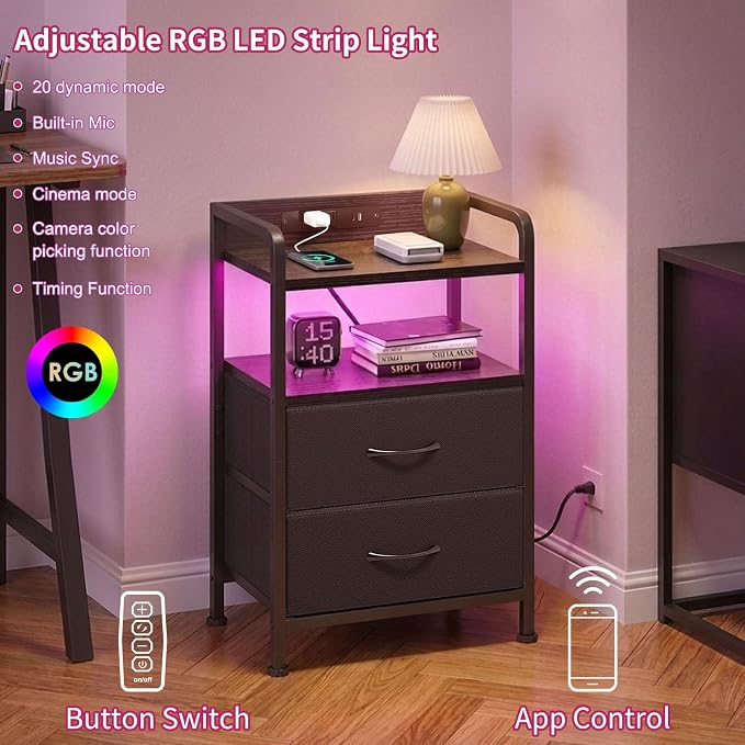 Fixwal Black Led Nightstand, Rear Charging Station, 2 Fabric Drawers | - Image 4