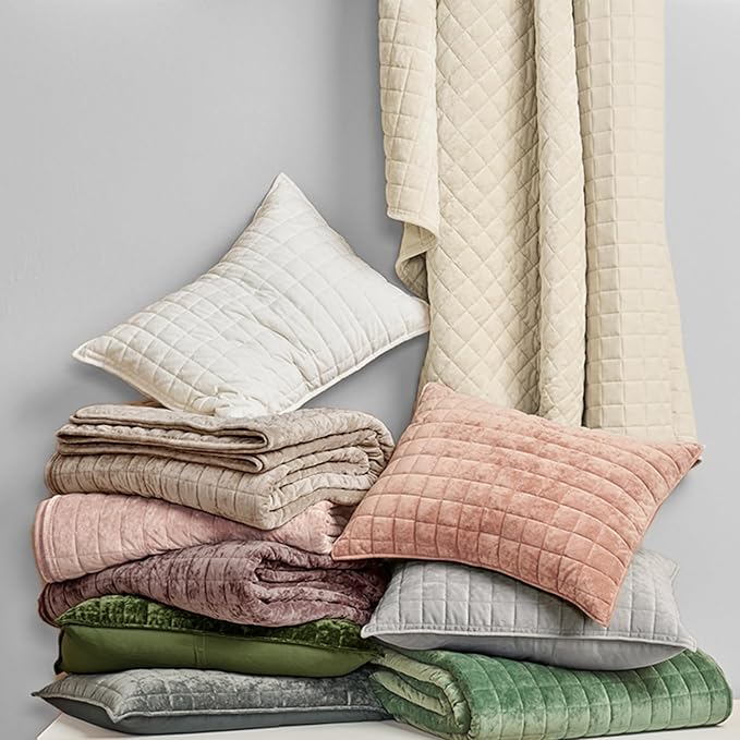 RECYCO Channel Box Stitch Velvet Quilt Set, Full Queen Size, Bright White | - Image 7