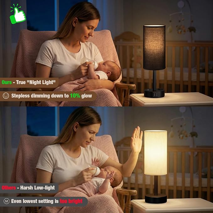 Black Touch Bedside Lamp for Bedroom, Stepless Dimmable, USB A+C, AC Outlet | - Image 5